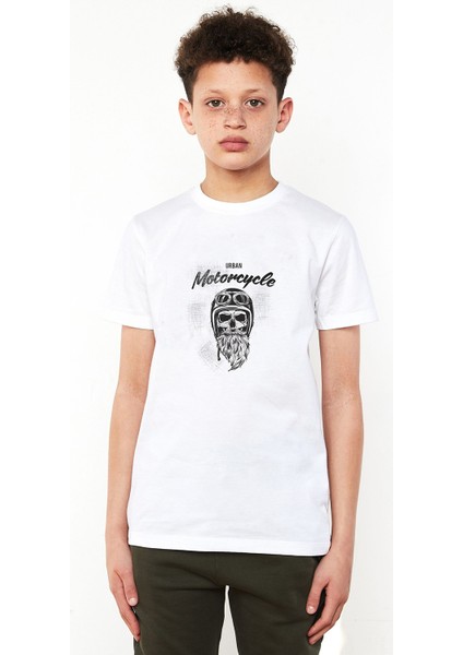 Urban Motorcycle Motorsiklet Baskılı Çocuk Beyaz Tshirt