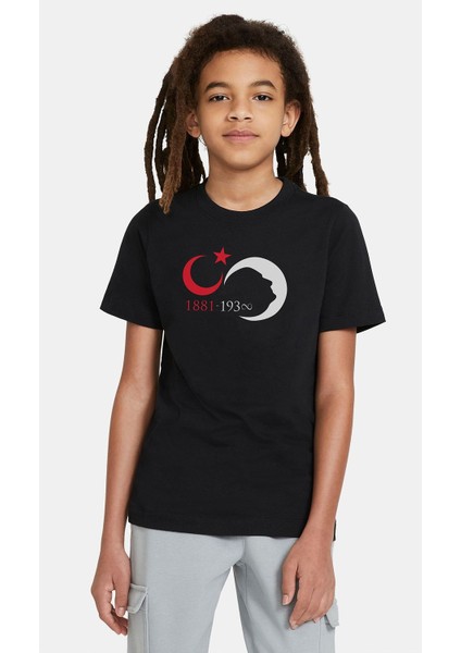 10 Kasım Silüet Turk Bayrağı Baskılı Unisex Çocuk Siyah Tshirt