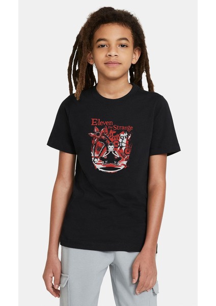 Stranger Things Eleven Demogorgon Biker Baskılı Çocuk Siyah T-Shirt
