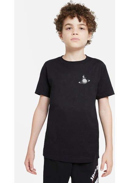 Astronot Jüpiter Bisiklet Baskılı Çocuk Siyah T-Shirt