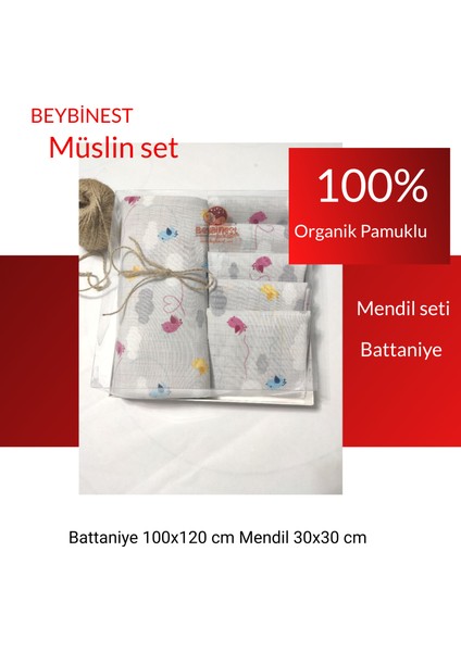 Müslin Battaniye Seti Sevimli Kuşlar Battaniye 100X80 Mendil 30X30 cm 5 Adet