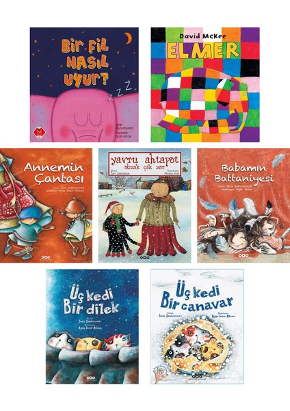 Br Fil Nasıl Uyur + Elmer David Mckee + Sara Şahinkanat 5 Kitap ( Annemin Çantası + Babamın Battaniyesi + Üç Kedi Bir Dilek + Üç Kedi Bir Canavar + Yavru Ahtapot Olmak Çok Zor) / 7 Kitap Set