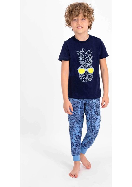 2334 Erkek Çocuk Pineapple Lacivert Mavi Kısa Kol Pijama Takımı
