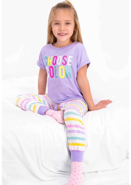 2466 Kız Çocuk Choose Color Lila Kısa Kol Pijama Takım