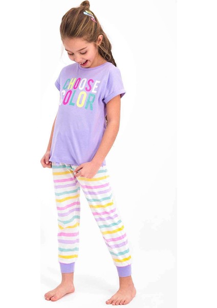 2466 Kız Çocuk Choose Color Lila Kısa Kol Pijama Takım
