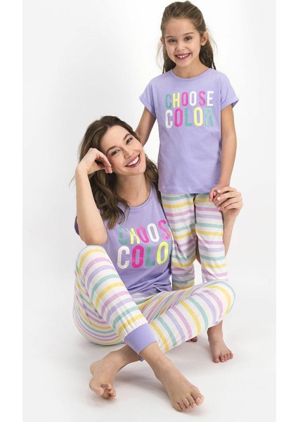 2466 Kız Çocuk Choose Color Lila Kısa Kol Pijama Takım