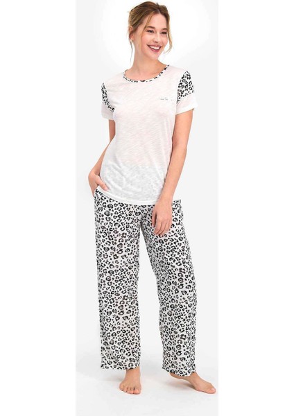 7738 Kadın Leopard Krem Kısa Kol Pijama Takımı