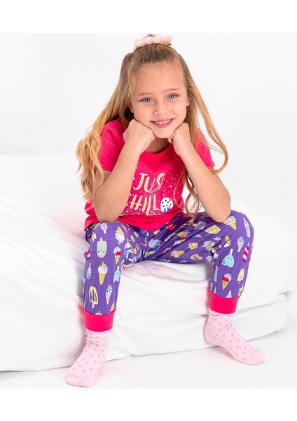 2430 Kız Çocuk Just Chill Fuşya Kısa Kol Pijama Takımı