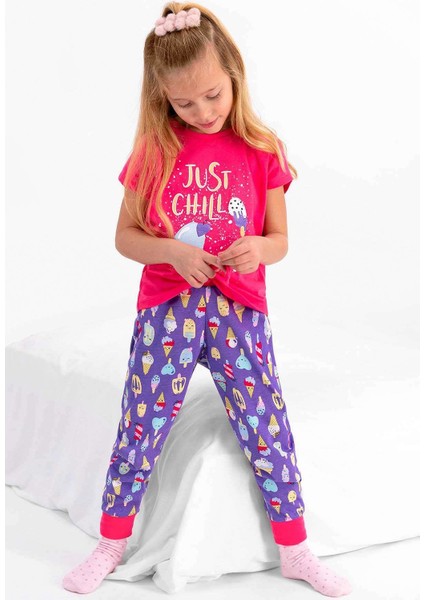 2430 Kız Çocuk Just Chill Fuşya Kısa Kol Pijama Takımı modelleri