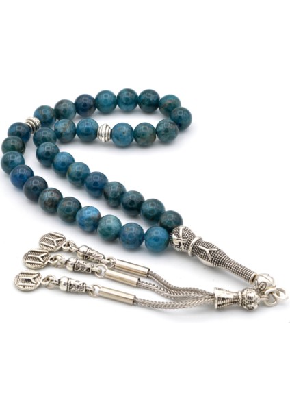 Doğal Apatit Taşı Tesbih Gümüş Kaplamalı