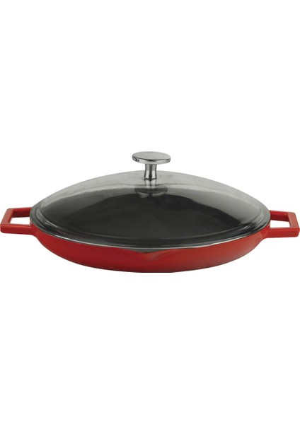 Yuvarlak Grill Tava Metal Kulplu Cam Kapaklı Kırmızı