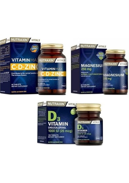 Magnesıum 250 Mg 60 Tablet+Vitamin Max 60 Tablet+Vitamin D3 1000 Iu 120 Tablet