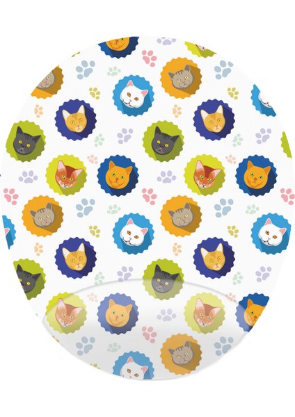 Kediler Minik Renkli Şirin Kafalar - Bilek Destekli Oval Mouse