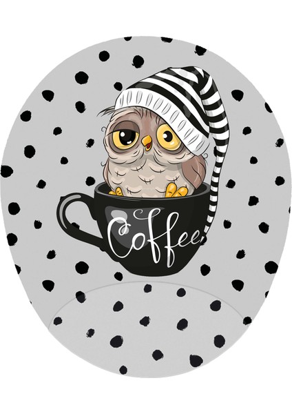 Gececi Baykuş Kahve Severler - Bilek Destekli Oval Mousepad