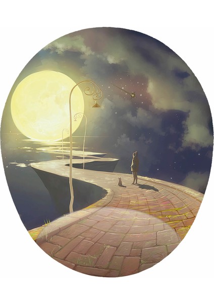 Ay Kedi ve Kadın Görselli - Bilek Destekli Oval Mousepad 20X23