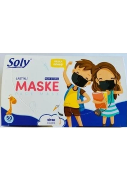 Soly Care 3 Katlı Lastikli Telli Siyah Çocuk Cerrahi Maske 50 Adet