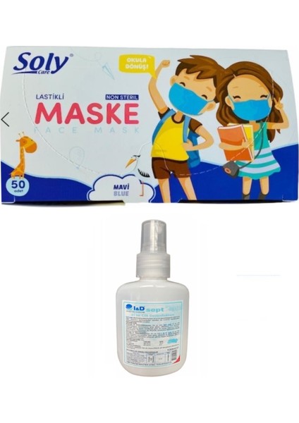 3 Katlı Burun Telli Çocuk Mavi Maske 100 Adet + I&d Sprey Dezenfektan 100 ml