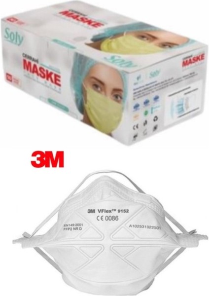 3 Katlı Telli Sarı Meltblown Maske 100 Adet (2 Kutu) + 3m 9152 Ffp2 Maske 1 Adet
