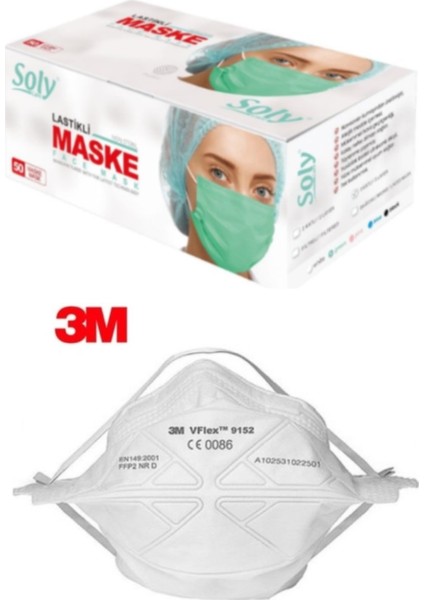3 Katlı Telli Yeşil Meltblown Maske 100 Adet (2 Kutu) + 3m 9152 Ffp2 Maske 1 Adet