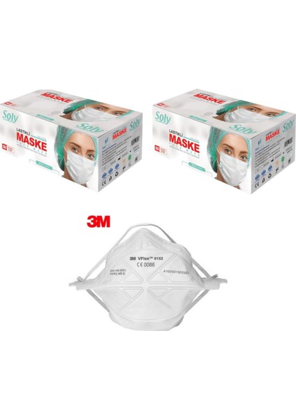 3 Katlı Telli Beyaz Maske 100 Adet (2 Kutu) + 3m 9152 Ffp2 Maske 1 Adet