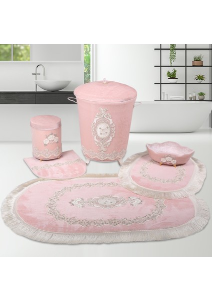 Exclusive Pudra 6 Parça Fransız Dantelli Banyo Kirli Çamaşır Sepeti ve Banyo Paspası Seti