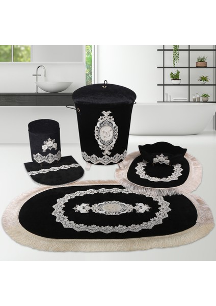 Exclusive Siyah 6 Parça Fransız Dantelli Banyo Kirli Çamaşır Sepeti ve Banyo Paspası Seti