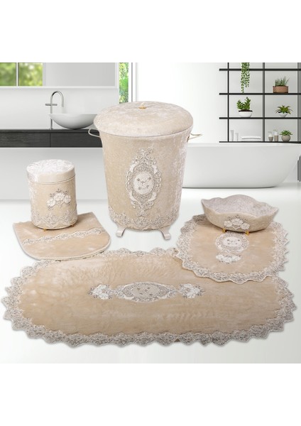 Lisa Vizon 6 Parça Fransız Dantelli Banyo Kirli Çamaşır Sepeti ve Banyo Paspası Seti
