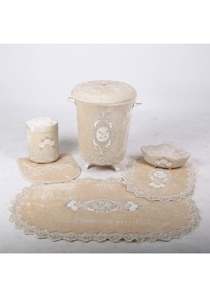 Lisa Vizon 6 Parça Fransız Dantelli Banyo Kirli Çamaşır Sepeti ve Banyo Paspası Seti indirimleri