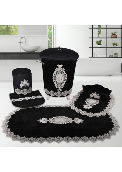 Lisa Siyah 6 Parça Fransız Dantelli Banyo Kirli Çamaşır Sepeti ve Banyo Paspası Seti