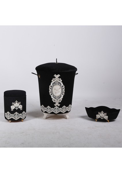 Lisa Siyah 6 Parça Fransız Dantelli Banyo Kirli Çamaşır Sepeti ve Banyo Paspası Seti modelleri