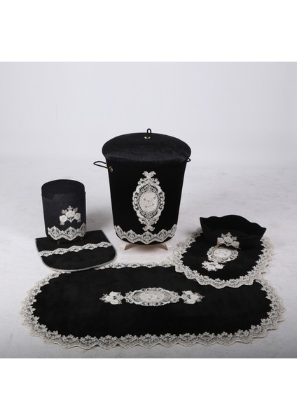 Lisa Siyah 6 Parça Fransız Dantelli Banyo Kirli Çamaşır Sepeti ve Banyo Paspası Seti fırsatları