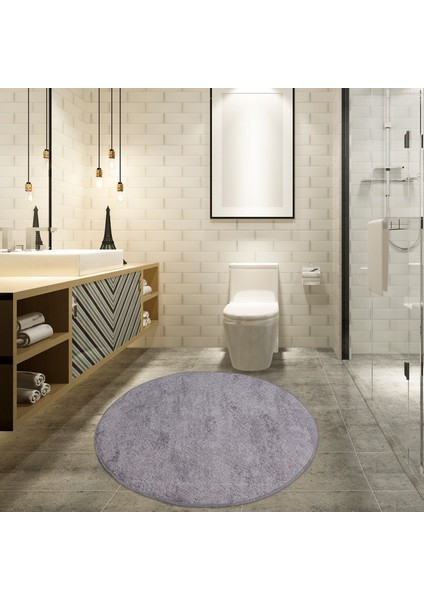 Nova Gri 120X120 cm Yuvarlak Kaymaz Pamuk Taban Peluş Banyo Paspası Banyo Halısı