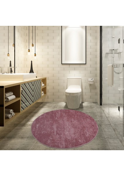 Nova Pembe 120X120 cm Yuvarlak Kaymaz Pamuk Taban Peluş Banyo Paspası Banyo Halısı