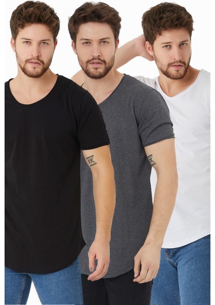 Erkek Siyah-Beyaz-Füme Pis Yaka Salaş T-SHIRT-UCLUTCPSR01S