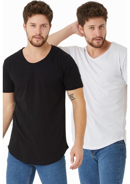 Erkek Siyah-Beyaz Pis Yaka Salaş T-SHIRT-İKİLİTCPSR01S