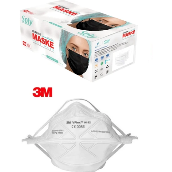 Soly Care 3 Katlı Telli Siyah Maske 100 Adet (2 Kutu) + 3m 9152 Ffp2 Maske 1 Adet