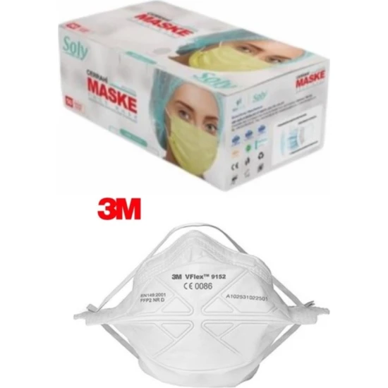 Soly Care 3 Katlı Telli Sarı Meltblown Maske 100 Adet (2 Kutu) + 3m 9152 Ffp2 Maske 1 Adet