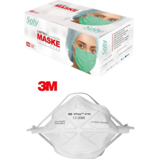 Soly Care 3 Katlı Telli Yeşil Meltblown Maske 100 Adet (2 Kutu) + 3m 9152 Ffp2 Maske 1 Adet