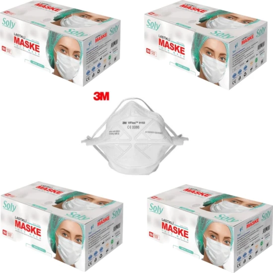 Soly Care 3 Katlı Telli Beyaz Meltblown Maske 200 Adet (4 Kutu) + 3m 9152 Ffp2 Maske 1 Adet