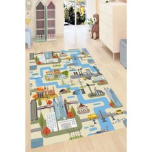 Resmiro Eğlenceli Kanal Desenli Kaymaz Taban Yıkanabilir Dijital Baskı Çocuk Halısı