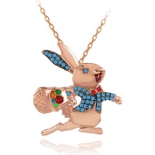 Turkuaz Taşlı Papyonlu Koşan Tavşan Gümüş Kolye