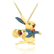 Turkuaz Taşlı Papyonlu Koşan Tavşan Gümüş Kolye