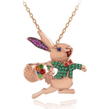 Yeşil Fuşya Taşlı Papyonlu Koşan Tavşan Gümüş Kolye