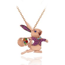 Fuşya Taşlı Papyonlu Koşan Tavşan Gümüş Kolye