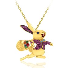 Fuşya Taşlı Papyonlu Koşan Tavşan Gümüş Kolye