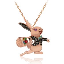 Siyah Taşlı Papyonlu Koşan Tavşan Gümüş Kolye