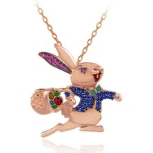 Safir Fuşya Taşlı Papyonlu Koşan Tavşan Gümüş Kolye