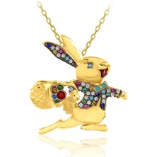 Renkli Taşlı Papyonlu Koşan Tavşan Gümüş Kolye