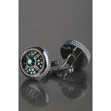 Kravatkolik Gümüş Renk Yeşil Taşlı Kol Düğmesi KD1209