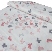 Bebek Özel 240 Santim Eninde Gri Pembe Kelebekli Poplin Kumaş